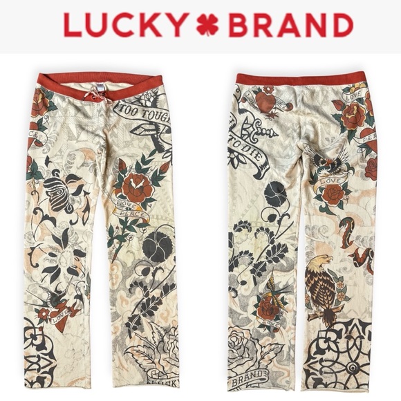 Lucky Brand Pants - VINTAGE LUCKY BRAND TATTOO PRINT ED HARDY Y2K WIDE LEG SWEATPANTS **RARE**